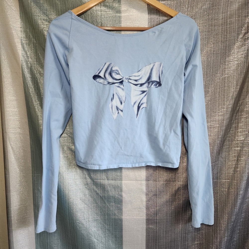 Kimchi Blue Light Blue Bow Open Back Long Sleeve L Coquette Baby Blue Balletcore